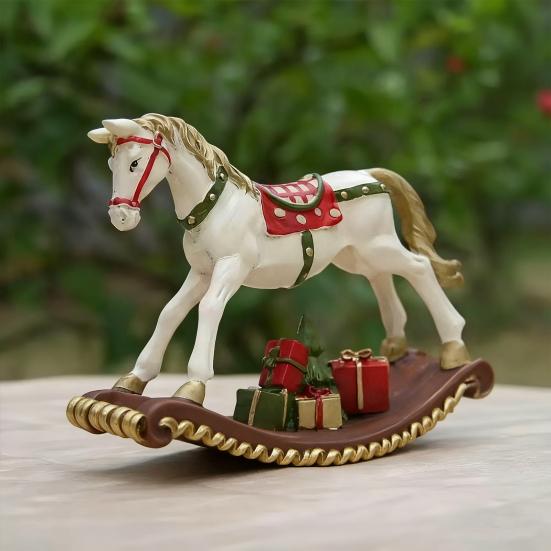 Hand-painted Rocking Horse Statue Vintage Wooden Horse Figurine Resin Pony Sculpture Home Office Desktop Decoration