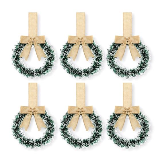 Mini Christmas Cabinet Wreaths 5.1 Inch Small Kitchen Xmas Decor with Red Ribbon Bow Plastic Rattan Fabric Window Door Office Holiday Decoration