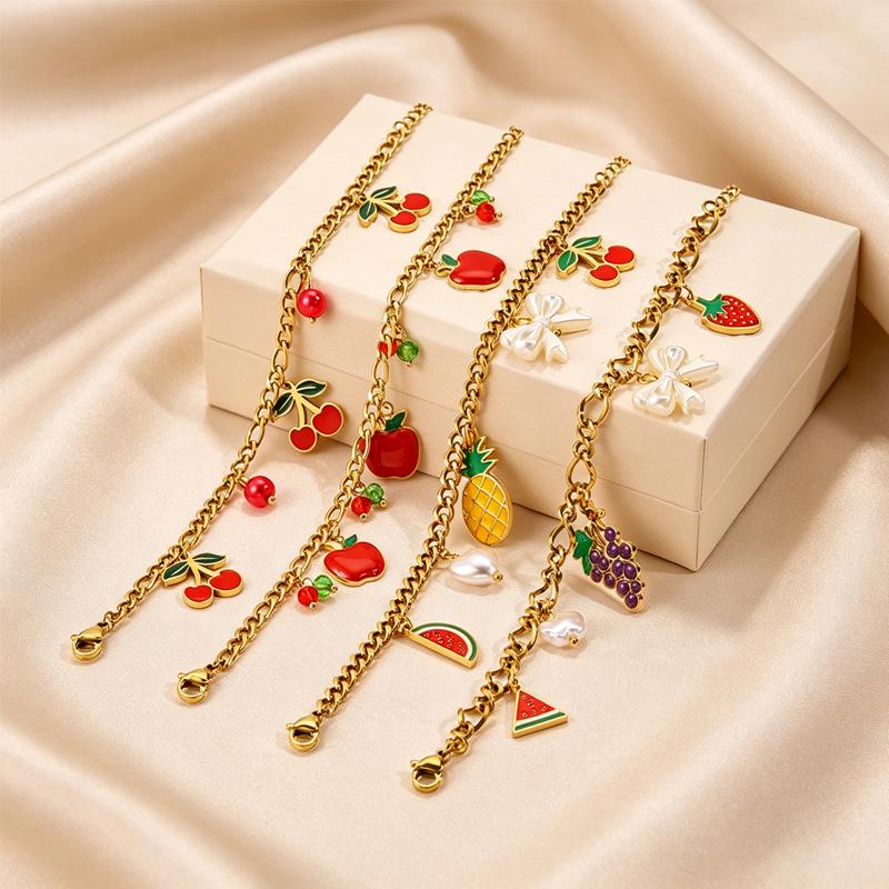 Stainless Steel Bracelet with 18K Gold-Plated Fruit Pendants and European Pastoral Charm