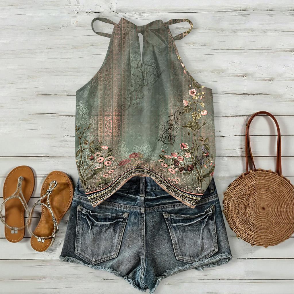 Women’s Sleeveless Bohemian Floral Print Neck Tank Top with Relaxed Fit and Lightweight Fabric for Daily Wear and Layering
