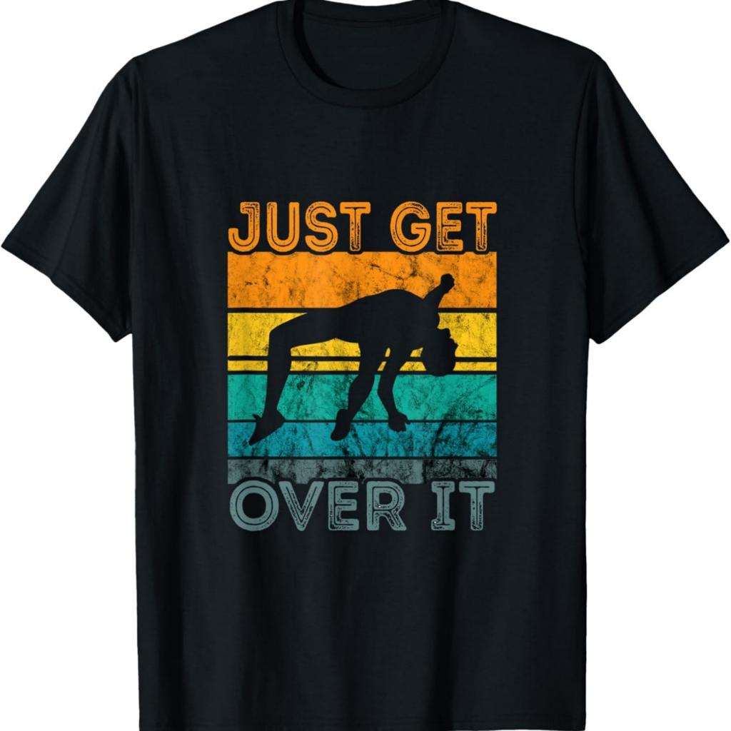 Jump Athlete Pole Vaulting 'Just Get Over It' Retro Vintage Black T-Shirt
