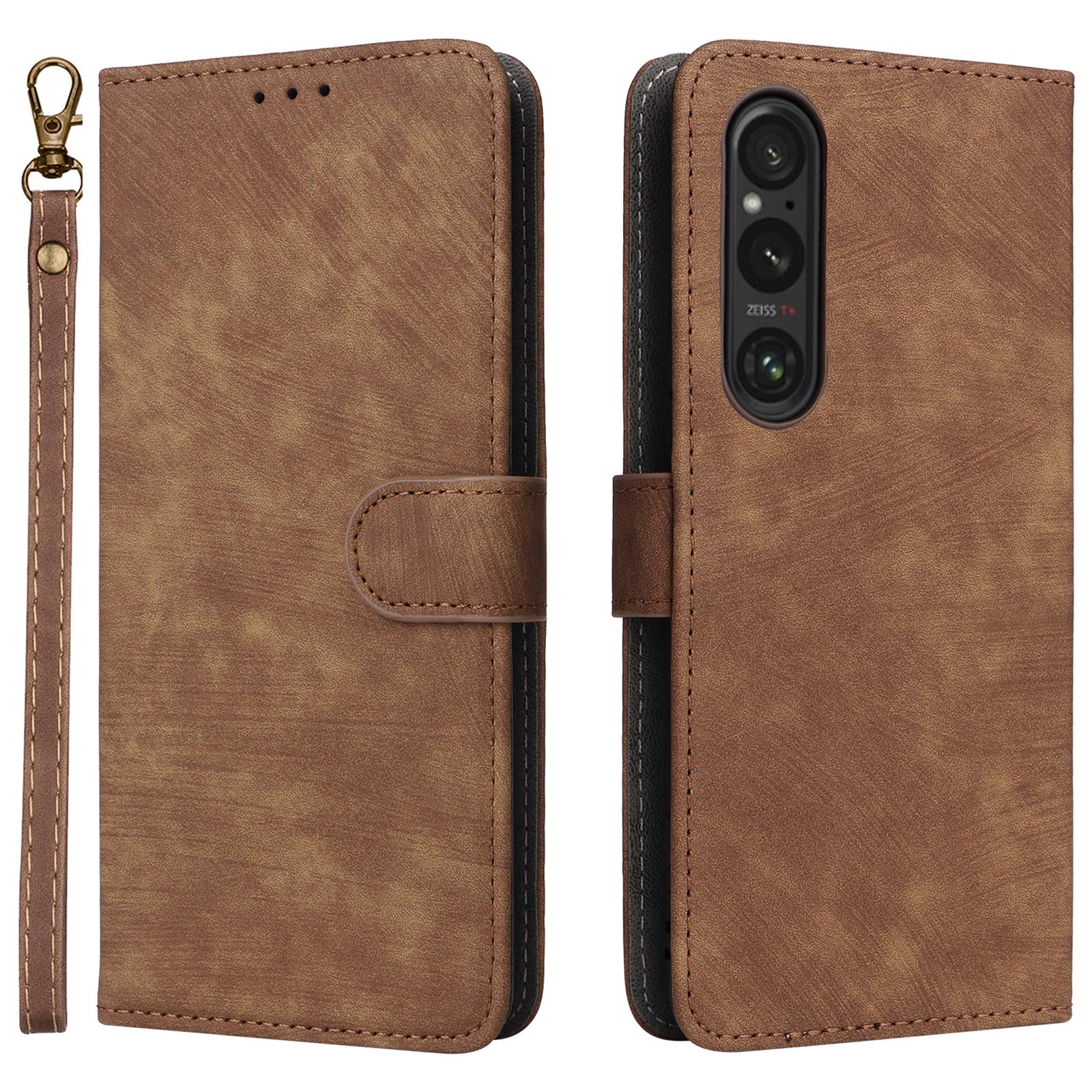 

For Sony Xperia 1 VI Leather Case RFID Blocking Wallet Cover with Wrist Strap Brown