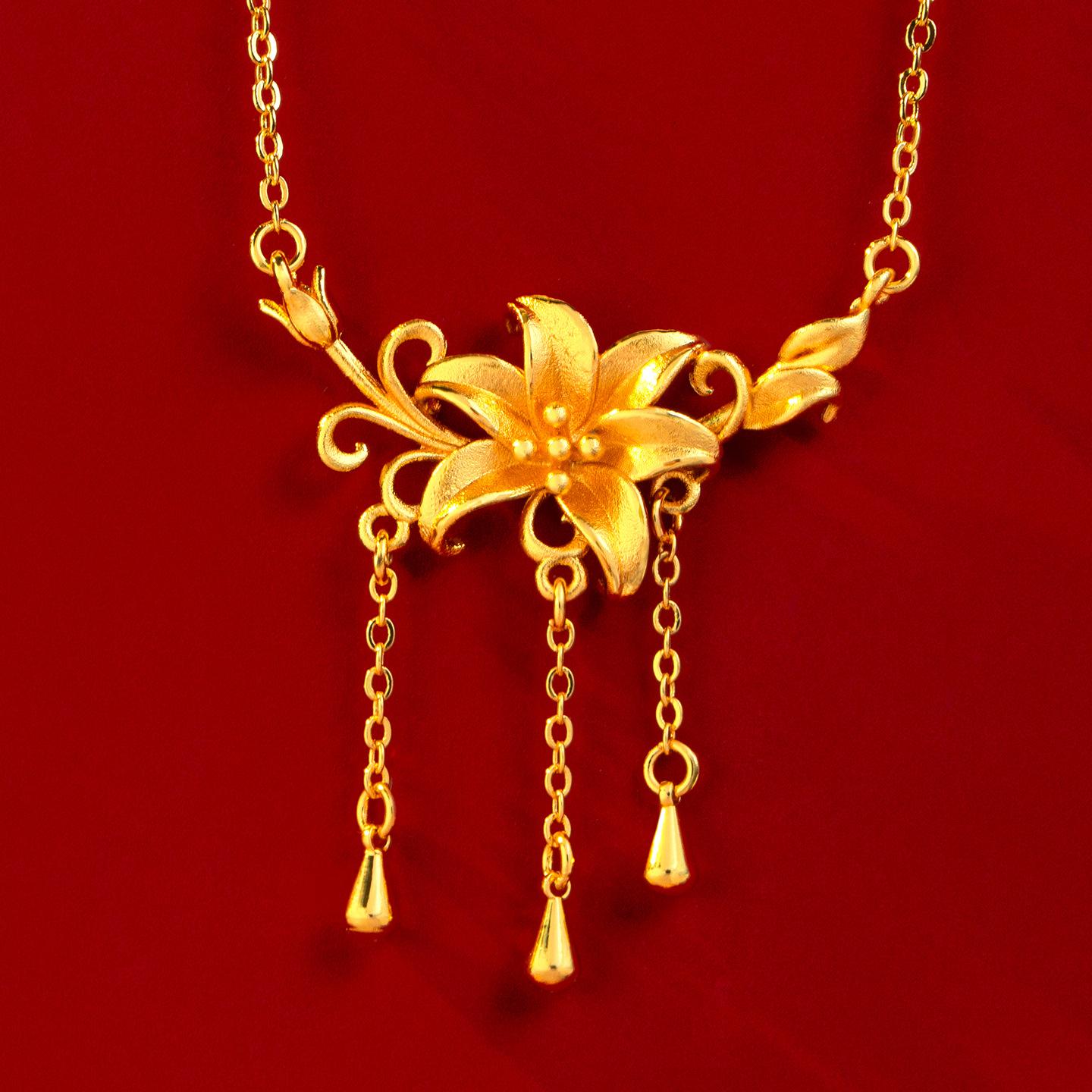 Luxury Pure Gold Real Gold Lilies Pendant Necklace Women Flower Necklace золотой