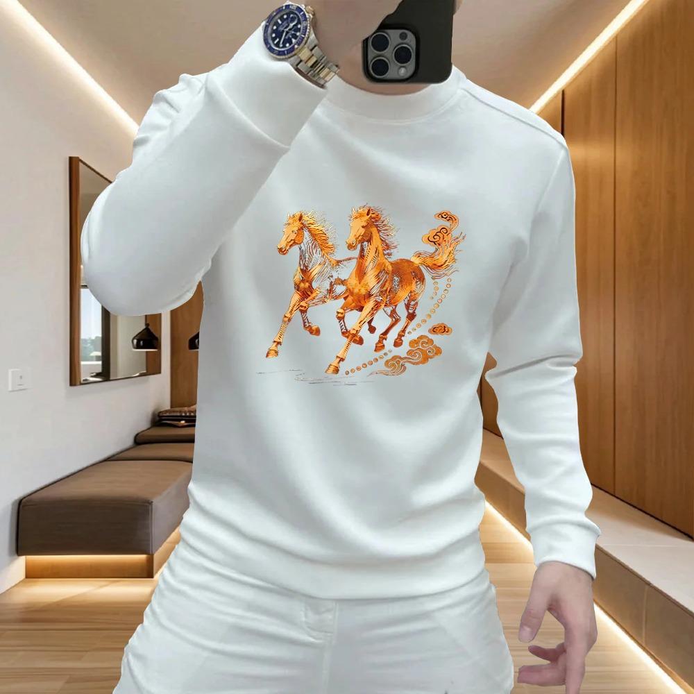 Chinese Style Year of the Horse Red Hoodie: Men s Long Sleeve Round Neck Top for Autumn & Winter 4XL