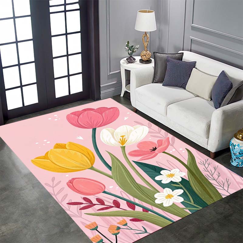 Vintage Floral Tulip Patterned Floor Mat, Non-slip, Machine Washable, Suitable for Living Rooms, Bedrooms, and Home Décor.