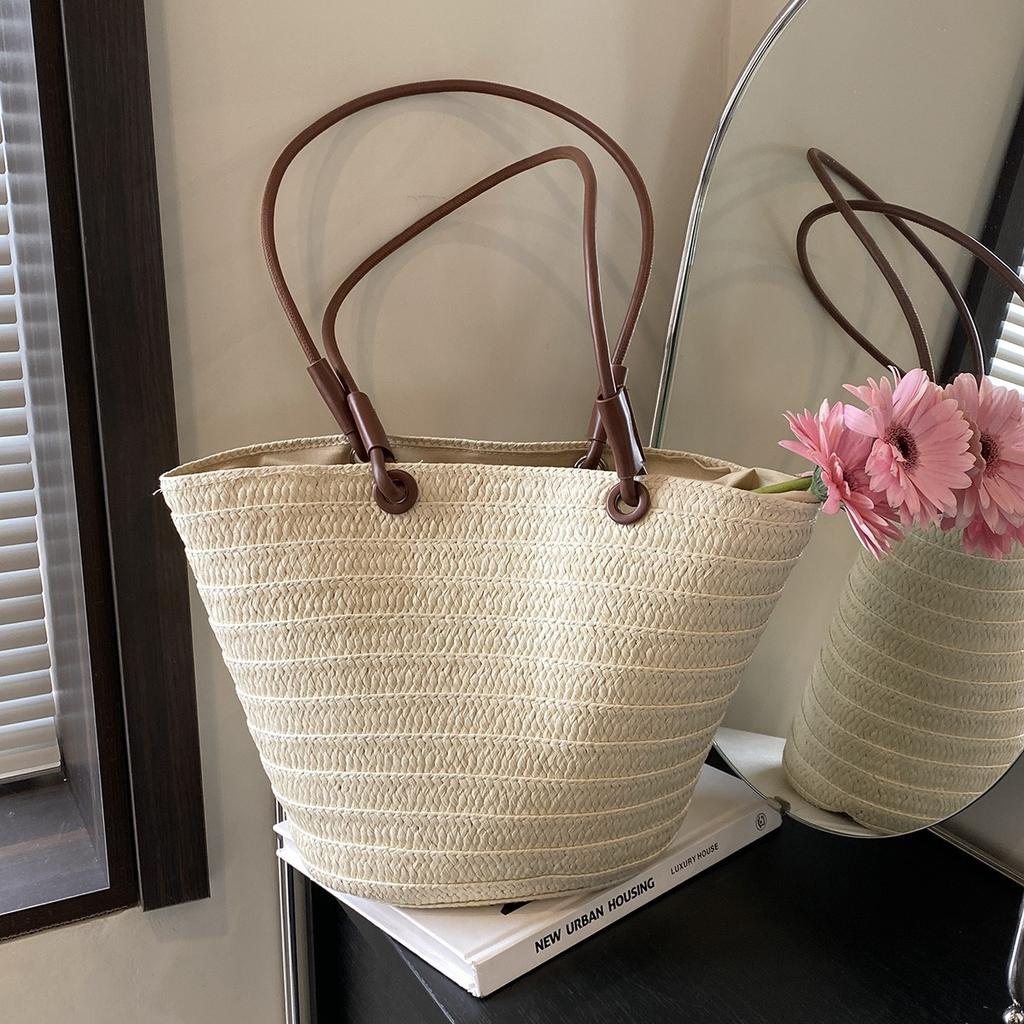 Woven Straw Tote Bag for Women Straw Bag Women's Summer New Fashion Woven Beach Bag Large Capacity Commuter Shoulder Tote Bag