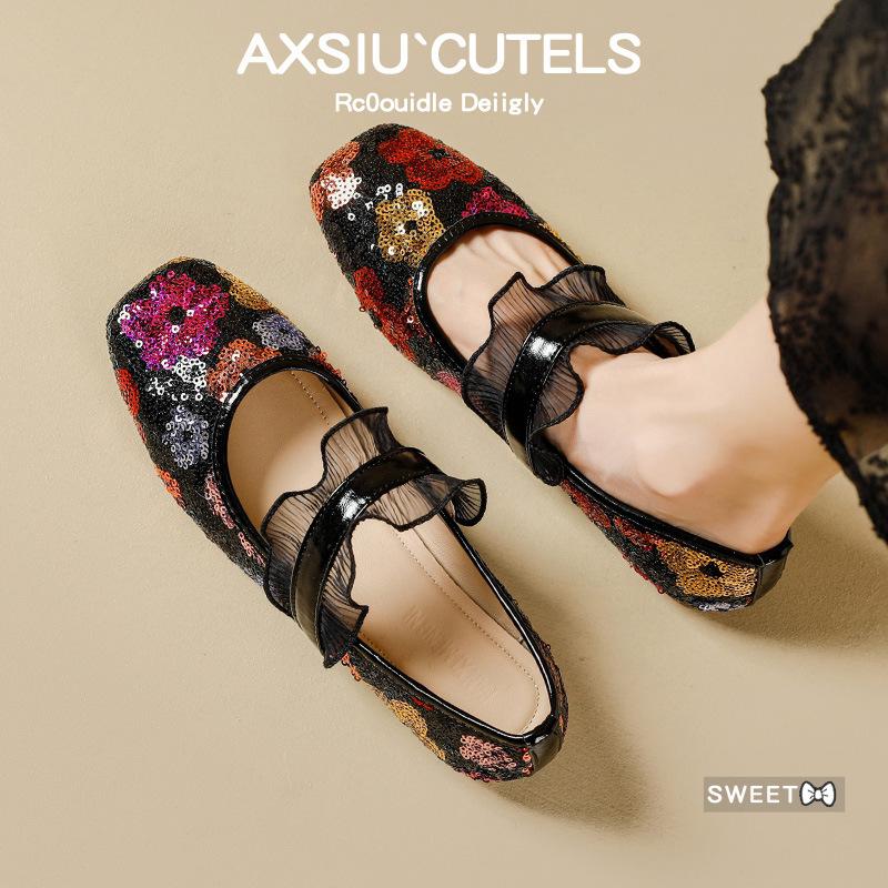 Fashion Lace Ruffles Band Ballet Shoes Ladies Silver Paillette Flats Mary Jane Women Lolita Mocasines Oversize Loafers Bridesmaide Shoes