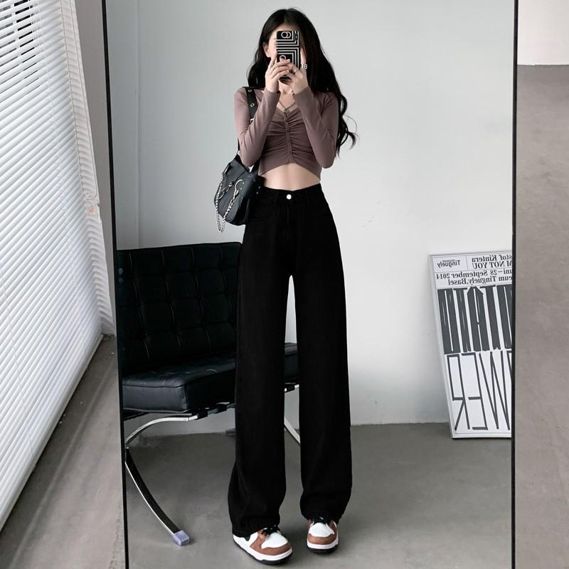 2024 Wide-Leg High-Waisted Black Jeans for Pear-Shaped Women - Spring/Autumn Floor-Length, Slimming Drape Effect
