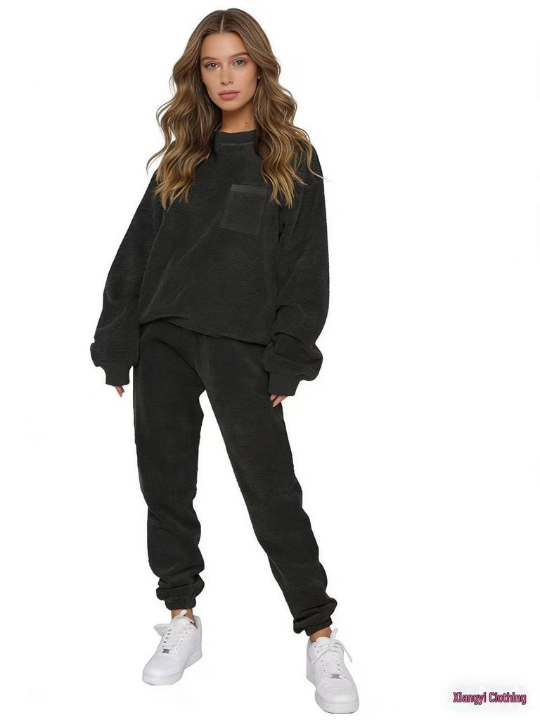European & American Autumn/Winter Corduroy Solid Color Pullover with Foot-tie Pants Set