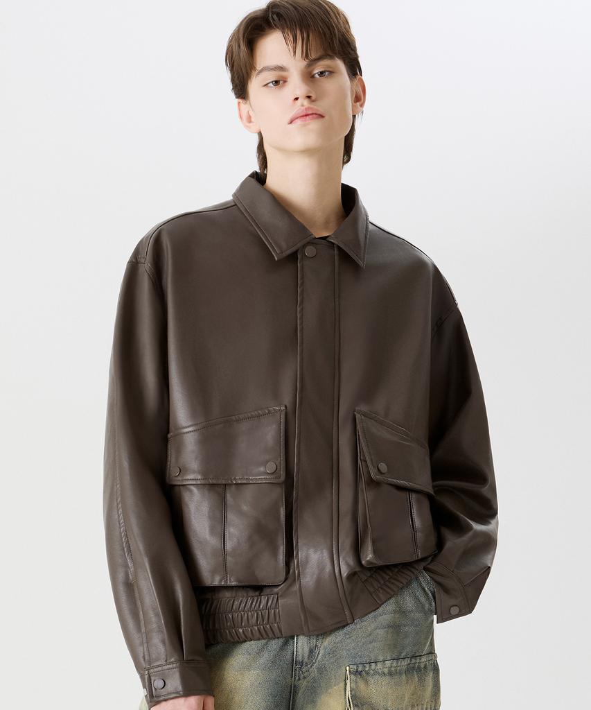 Trillion Vegan Leather Two-Pocket Blouson Jacket [Brown]