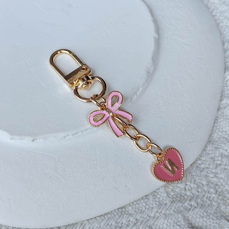 Creative Letters Metal Pink Bow Keychain Fashion A-Z 26 Letters Keyring Charms Mobile Phone Key Holders Bag Accessories Gift