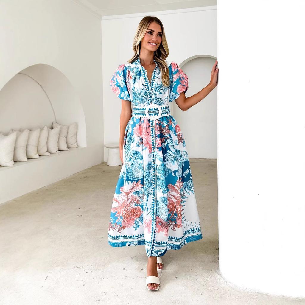 A New Summer Fashion and Casual Long Dress with Tied Prints