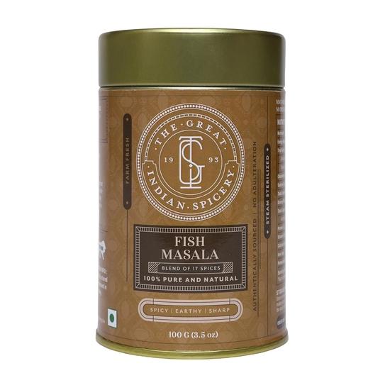 

The Great Indian Spicery | Масала для рыбы - Жестяная банка 100 г | Стерилизация паром, Фермерская свежесть, Аутентичная смесь 17 специй, Без примесей | Острый, Землистый