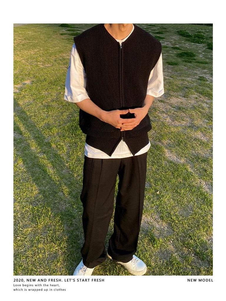 Męski jesienny dzianinowy kamizelka w stylu japońskim: Sweter college'owy rozpinany na zamek