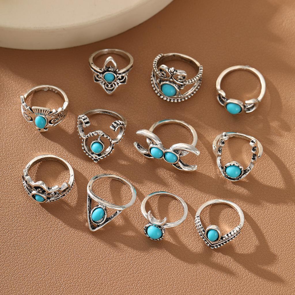 11pcs Vintage Turquoise Flower Ring Set for Women Bohemian Geometric Knuckle Finger Rings Vacation Party Daily Wear Jewelry Gift