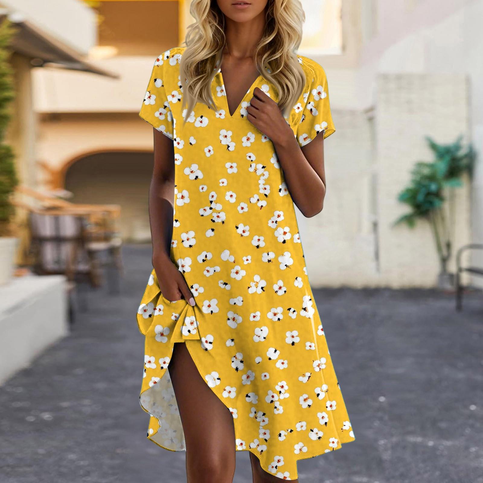 

Women s Summer Casual Floral Print Stand Collar Dress L жовтий