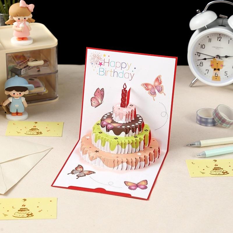 1 Stück Bunte Handgefertigte 3D Geburtstagsgrußkarte mit Schmetterling-Kuchen-Design - Faltbare Ausziehbare Innenseite für Individuelle Wünsche