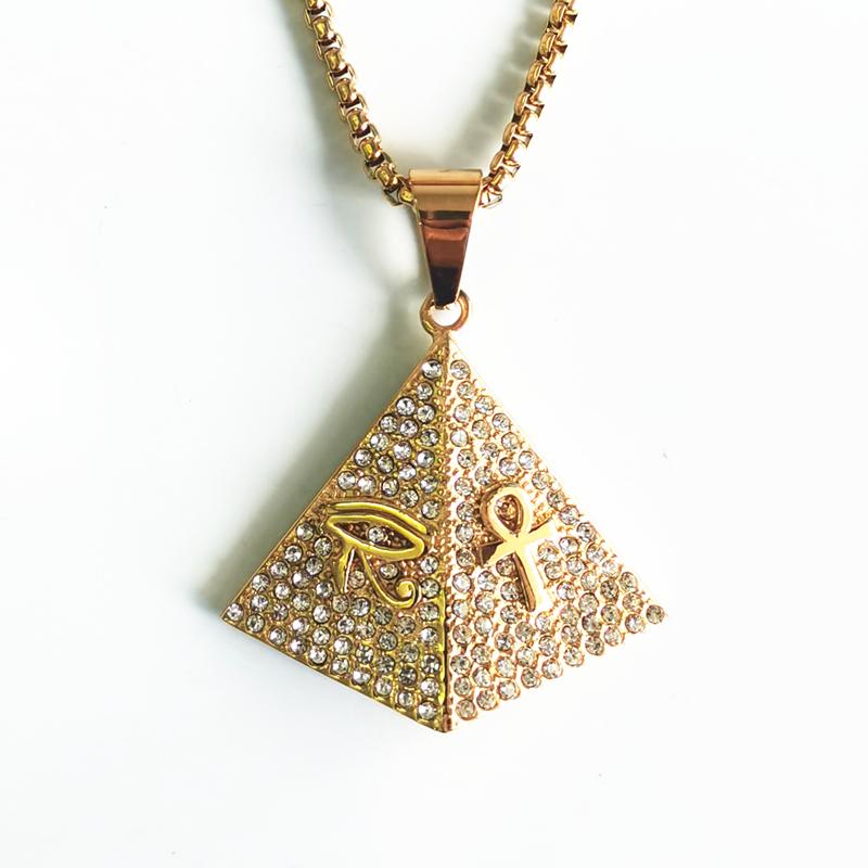 Egyptian The Eye of Horus Ankh Cross Pyramid Full Rhinestone Pendant Necklaces for Women Men Key of Life Chain Necklace Jewelry