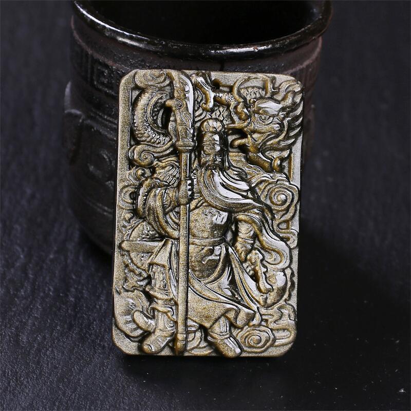 Natural Obsidian Guan Yu Pendant Necklace Men Hand-Carved Black Stone Amulet With Dragon Motif Chinese Cultural Style