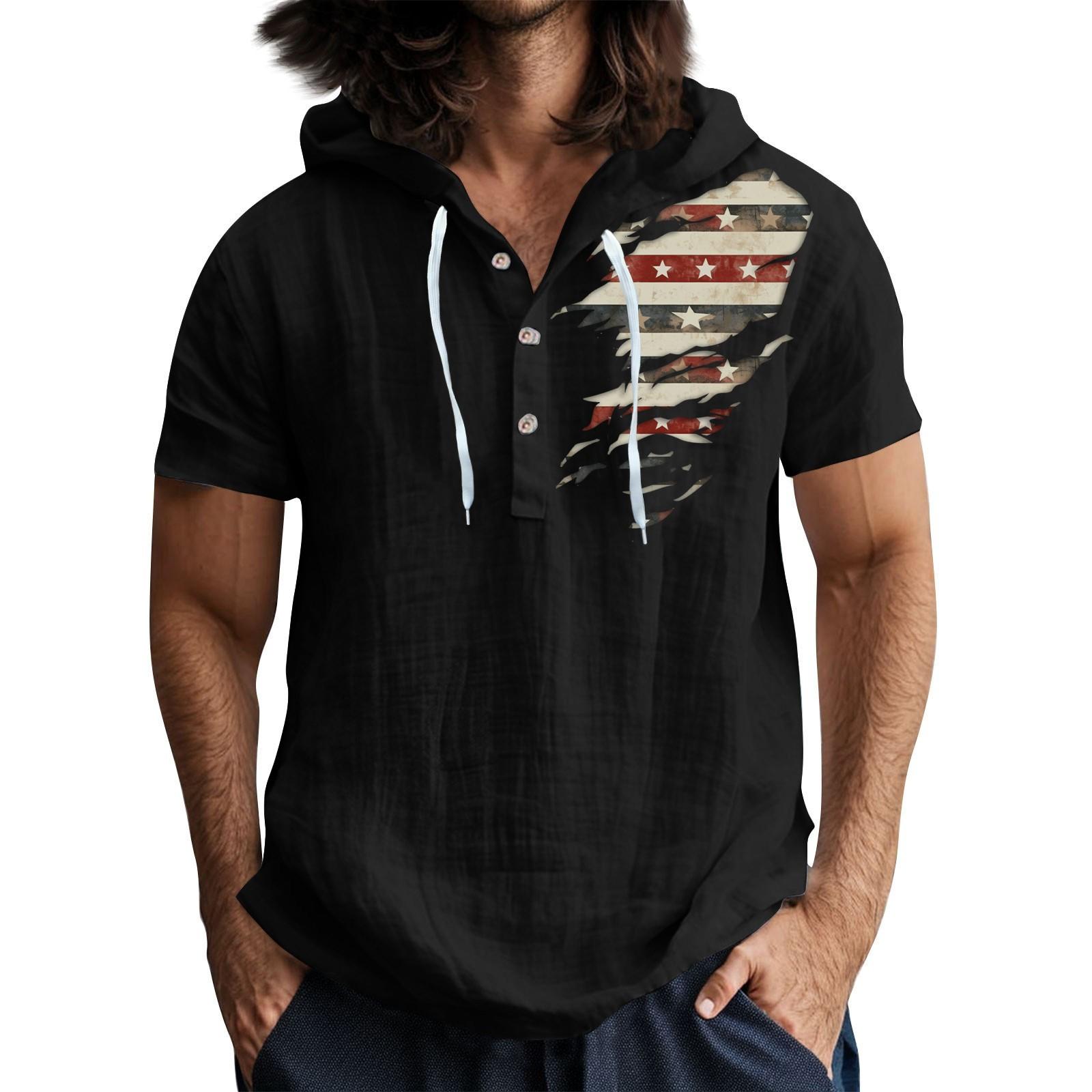 

Мужская повседневная футболка с короткими рукавами, капюшоном и открытым воротом на пуговицах L