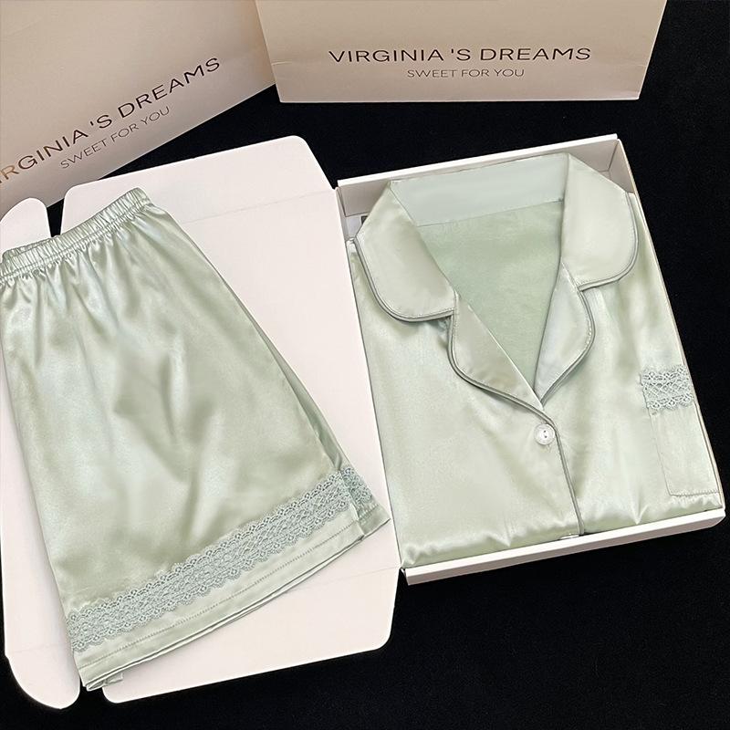 Solid Color Hollow Lace Edge Pajamas Summer Women'S Ice Silk Summer Short-Sleeved Shorts High-End Home Set