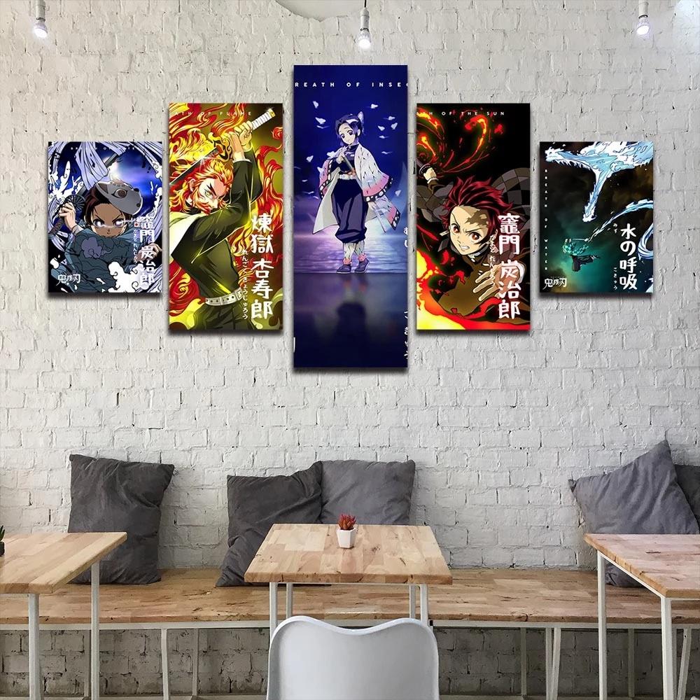 Prints HD Modular Frame 5 Pieces Anime Demon Slayer Shinobu Posters Canvas Paintings Wall Art Picture Home Decor for Living Room