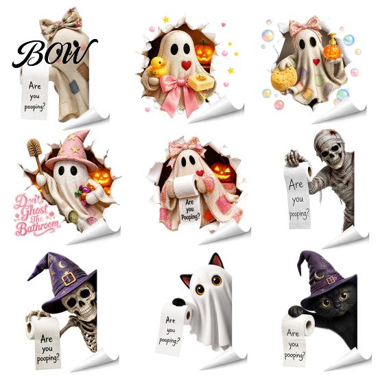 Lifelike Toilet Wall Art Halloween Bathroom Sticker, Cute Ghost Witch Cat Decal, Spooky Decorations Skeleton Are You Pooping Sticker for Decor Cartoon