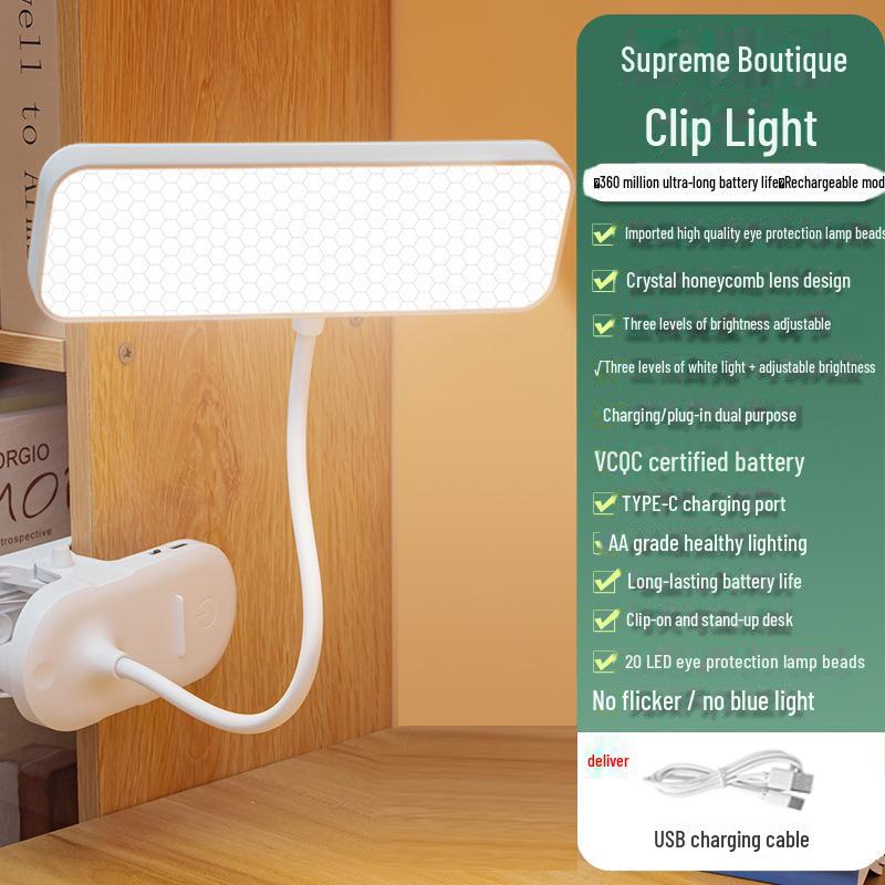 Rechargeable Clip-on LED Desk Lamp for Eye Protection - Ideal for Studying, Reading, and Bedside Use in Student Dorms, Children's Rooms