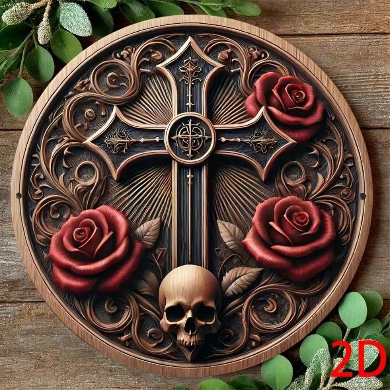 Rose and Cross Gothic Skeleton Metal Wall Poster for Bar