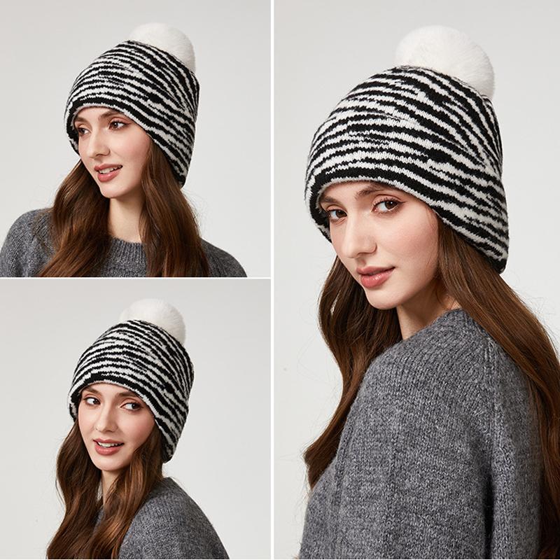 Zebra Knitted Hat Warm Cap Women's Winter Outdoor Thick Ear Protection Wool Cap