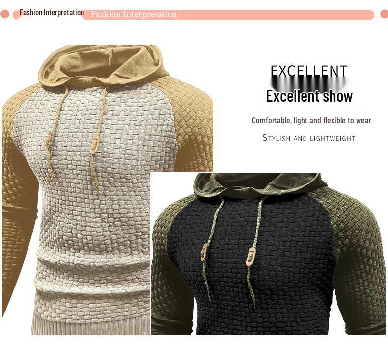 2025 Men's Color Block Plaid Slim Fit Hoodie - Casual Long Sleeve Knit Pullover