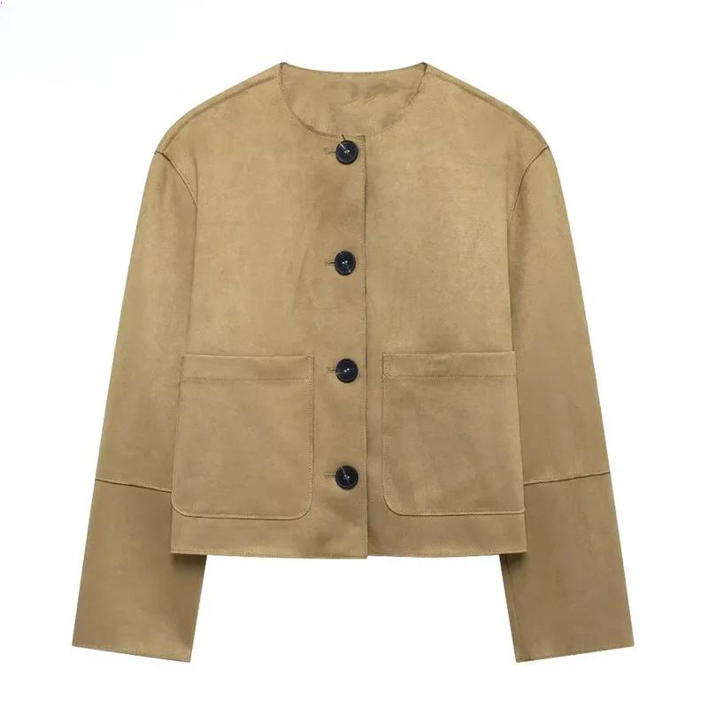 

Женские куртки Осенняя укороченная замшевая куртка Женская мода с длинным рукавом Демисезонная куртка Повседневные короткие однотонные пальто на пуговицах XS хаки