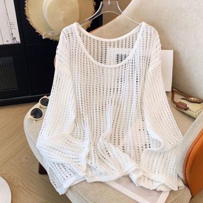Women's Hollow-out Knit Sweater Summer Loose Round-neck Long Sleeve Pullover Knit Top