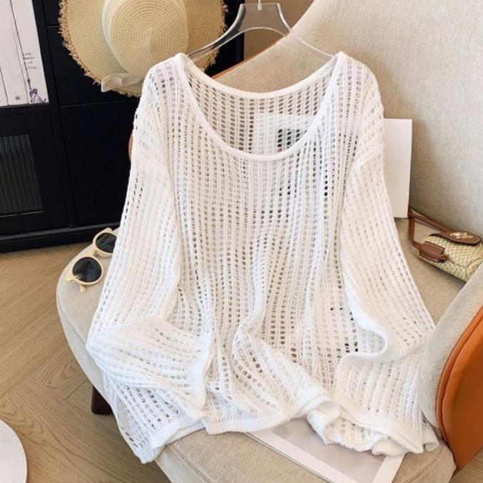 Women s Hollow-out Knit Sweater Summer Loose Round-neck Long Sleeve Pullover Knit Top One size