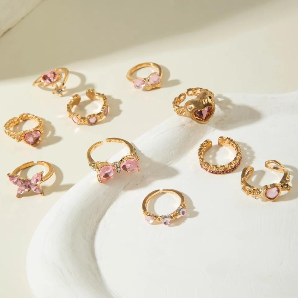 10Pcs/Set Bow Design Heart Butterfly Rings Gold Silver Color Mix Style Rings Korean Style