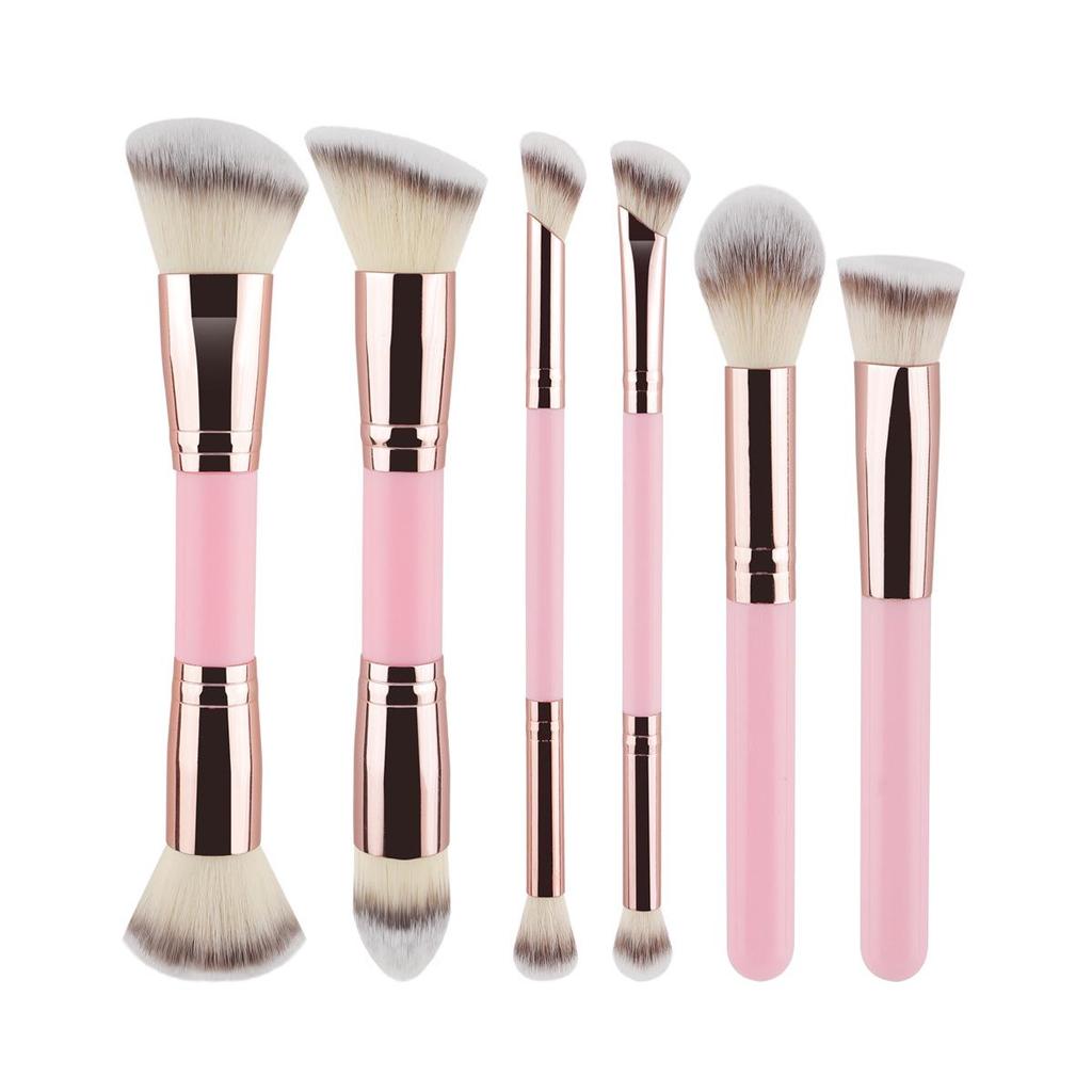 6-delat dubbelsidigt sminkborstset: Foundation-, rouge-, ögonskuggs- och konturborstar med trefärgade borststrån.