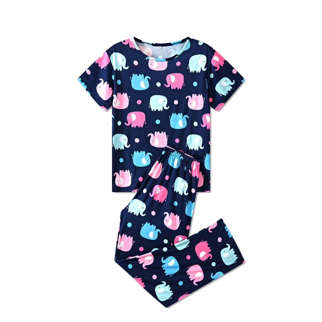 European and American Style Women's Fashion Spring Loungewear 2 Piece Short Sleeve Long Pants Pajamas Set Floral Print Homewear