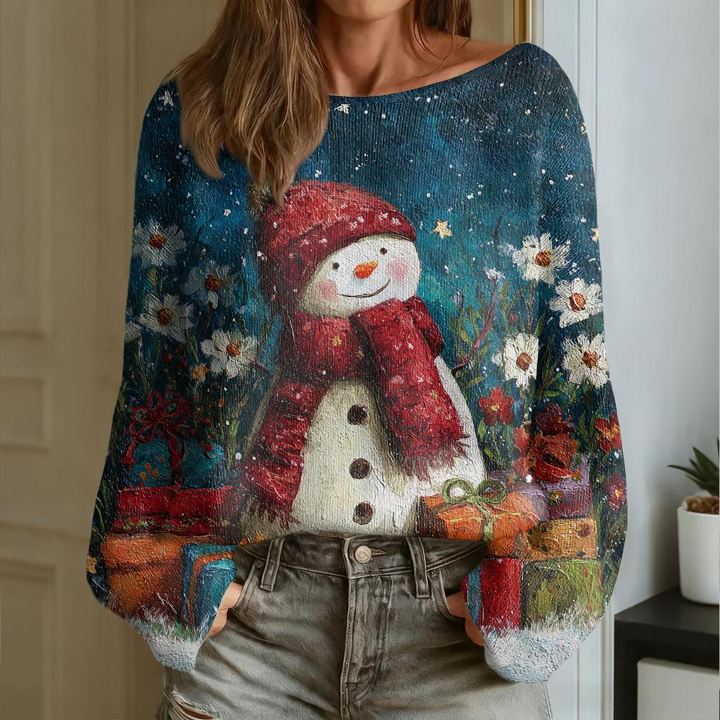 Women's Fashion Round Neck Long Sleeve Christmas Print Casual Pullover Sweater Top