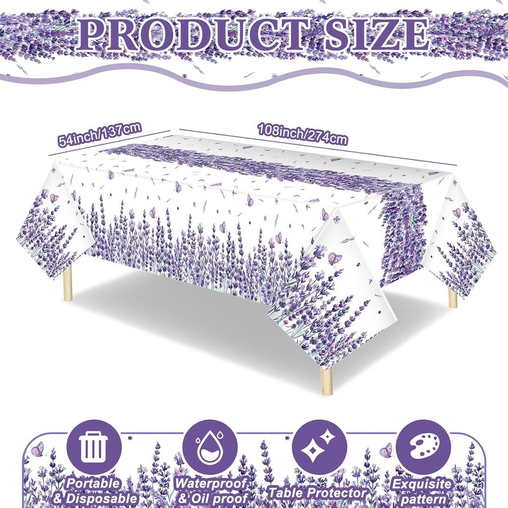 Peryiter 3 Pcs Spring Summer Floral Tablecloths Plastic Lavender Table Covers 54 x 108 Inch Watercolor Purple Floral Tablecloth for Spring Easter