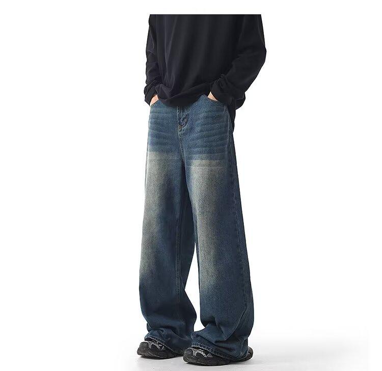 Men's 2024 Washed Black Wide-Leg Jeans - Tall, Casual, Loose Fit, American Trend for Spring & Autumn.