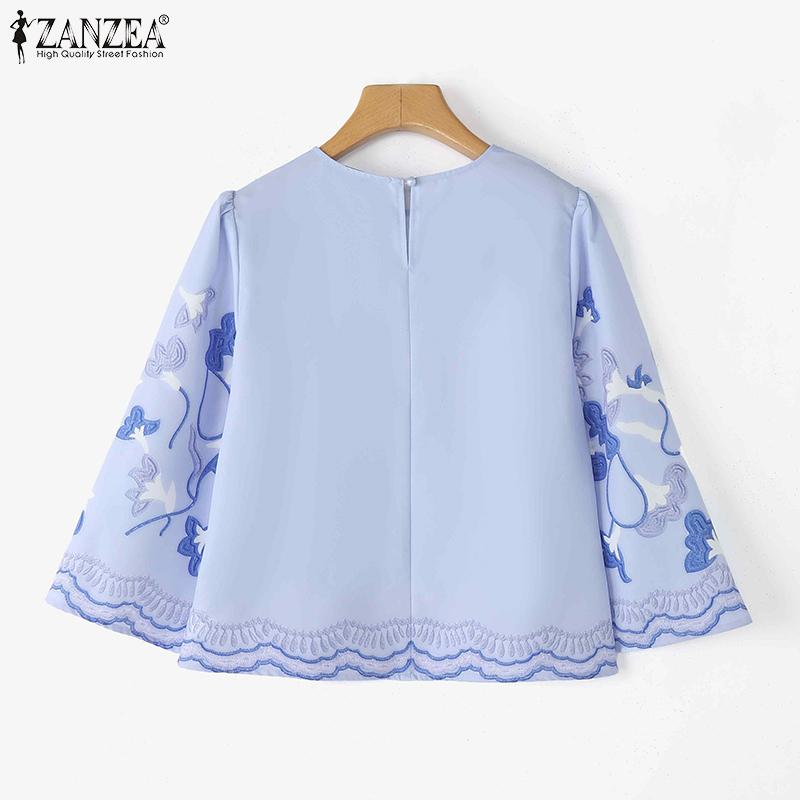 ZANZEA Women Casual Round Neck 3/4 Sleeve Loose Print Blouse