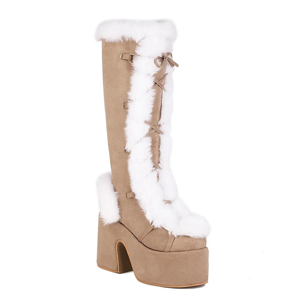 Winter Big Size 43 Y2k White Punk Style Women's Faux Fur Chunky Platform Boots Gothic Black Block High Heels Shoes