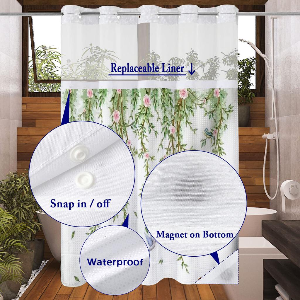 No Hook  Floral with Birds Shower Curtain With Snap-in Fabric Liner, Sheer Top Window, Waterproof Double Layer Bathtub Curtain