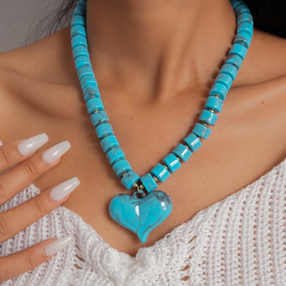Choker Acrylic Love Heart Necklace Round Bead Sweater Chain Women Clavicle Necklace  Ladies Gift