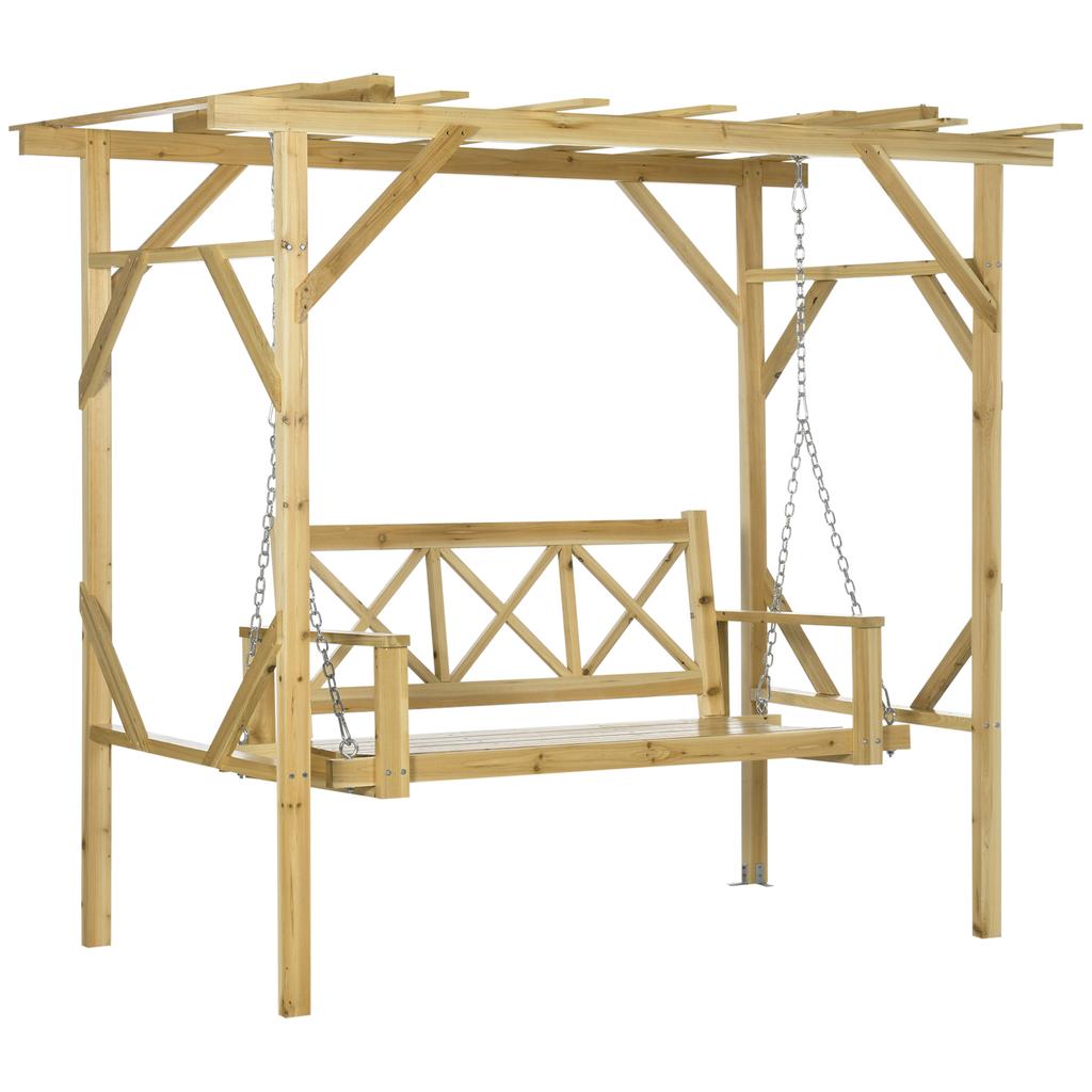 Swing Bench with Pergola, for 2 People, Height-adjustable, Solid Wood Frame, 2.21 X 1.40 X 1.96 M