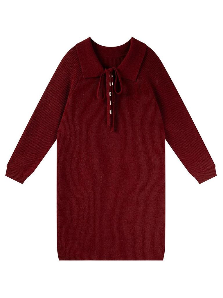 Ai Yuan 2025 Winter Plus Size Women's Loose POLO Collar Lace-up Knit Dress F716