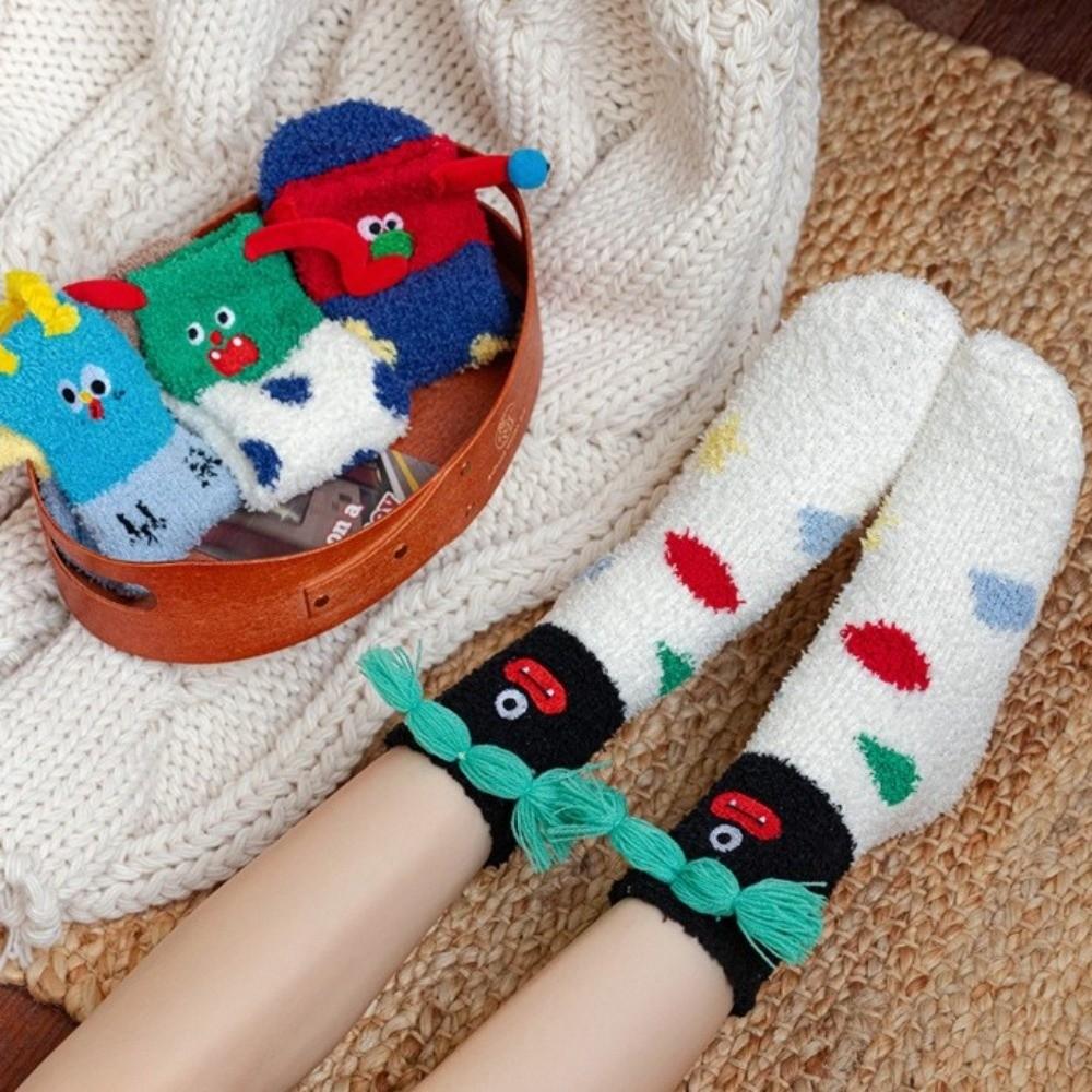 1pair Thickened Plush Coral Fleece Socks 3D Cartoon Thicken Floor Socks For Women