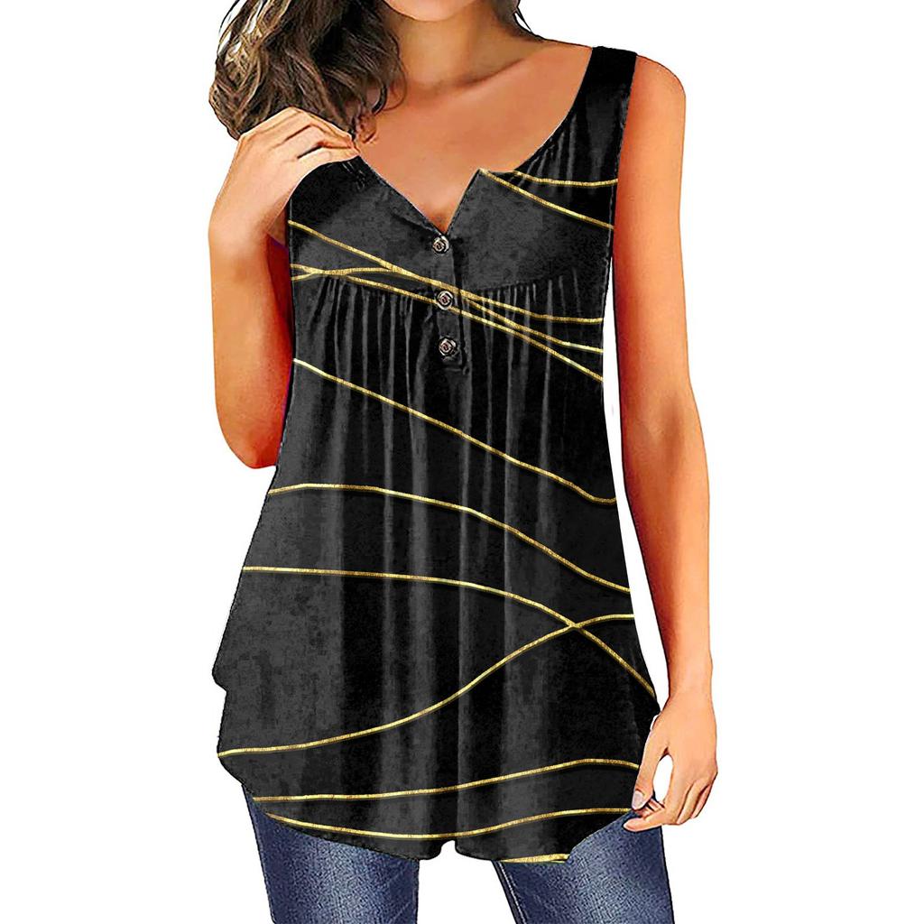 (SU)Damenmode, Blumendruck, plissiert, ärmellos, lässig, T-Shirt, Weste, Knopfleiste