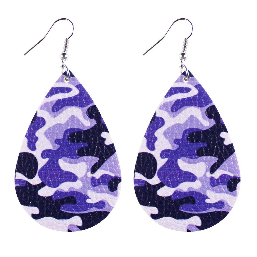 Army Green Camouflage Pu Leather Earrings Water Drop Shape Double-Sided Printing For