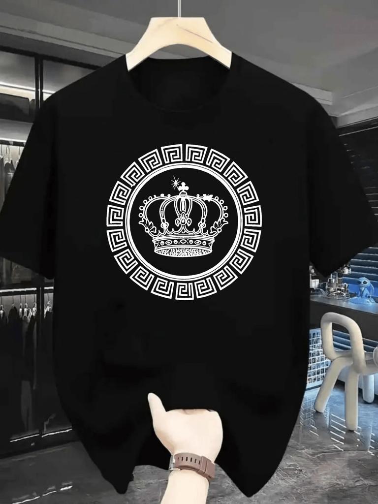 Herren Schwarz Grafik T-Shirt mit Krone & Griechischem Schlüssel Design | Stylisch, Kurzarm, Rundhals